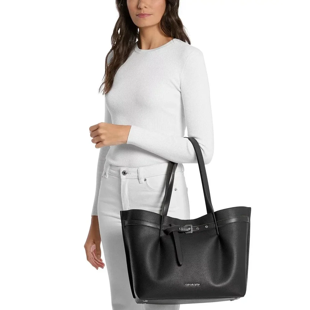 71. Michael Kors Emilia Black Leather Large Center Zip Pocket Tote Bag